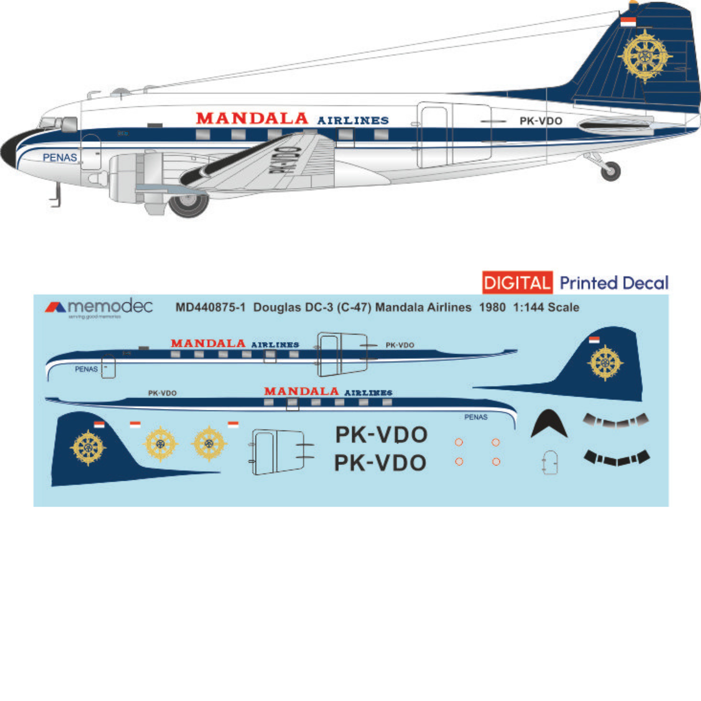 Douglas DC-3 (C-47) Mandala Airlines (1980) Decal