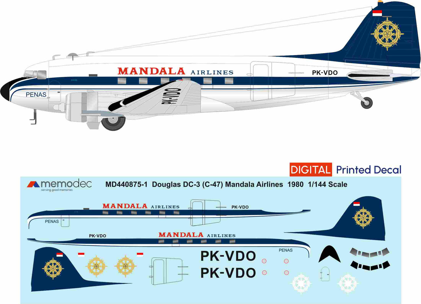 Douglas DC-3 (C-47) Mandala Airlines (1980) Decal