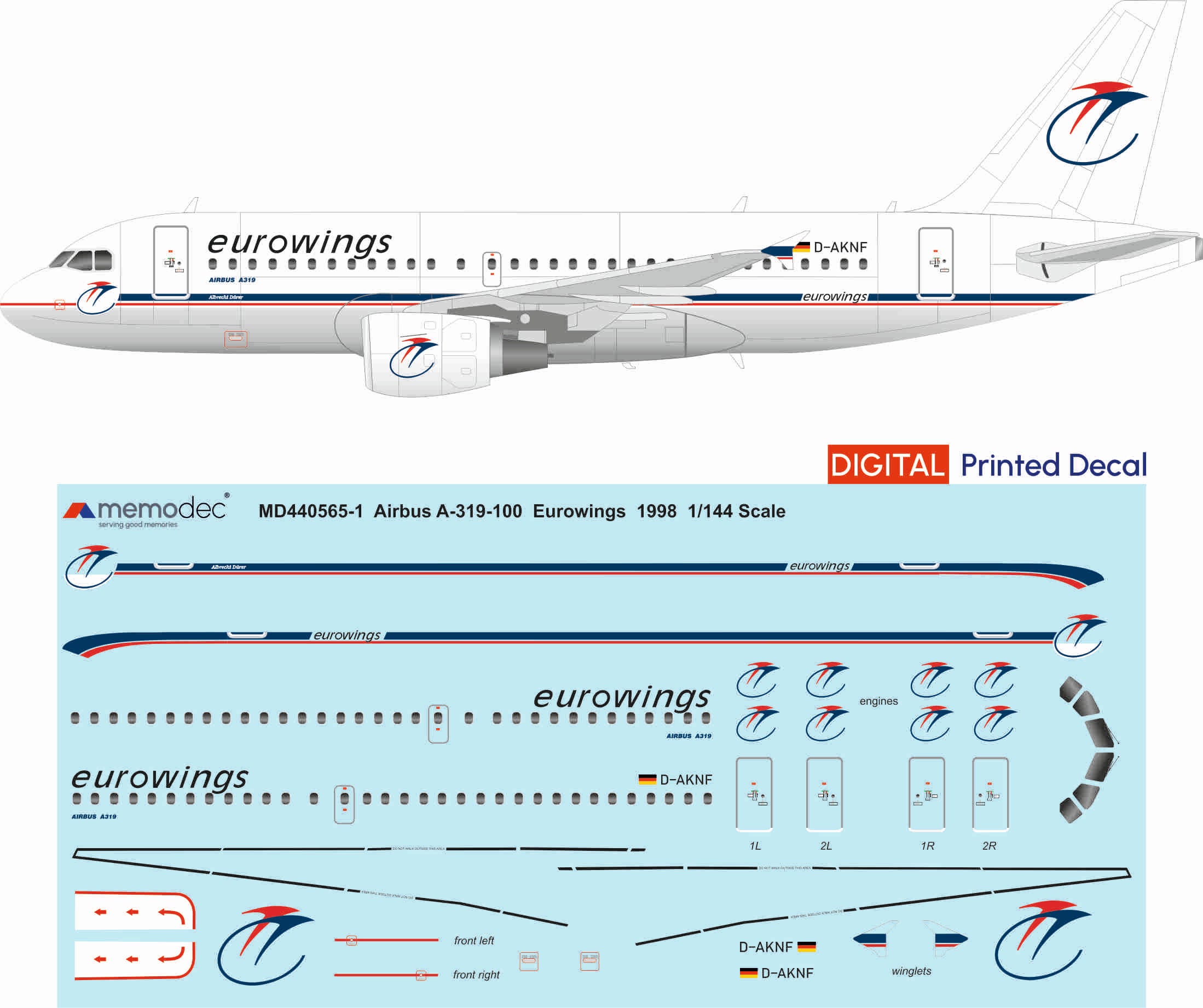 ユーロウイングス航空 Aviationtag A319-100 Airbus A319-100 Eurowings (1998) – Vintage Airline Decal – Memodec